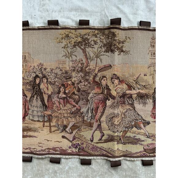 Vintage tapestry Spanish Woven Wall Art Made in Belgium Market Scene 57x20” - Picture 6 of 11